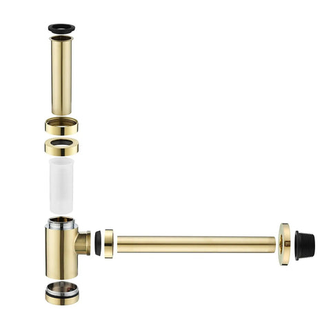 Premium Brass P Trap Kit For Bathroom Sink Drain One And One Quarter Inch Inlet Round Bottle Style With Adjustable Lavatory Waste Drain Rust Resistant Brushed Nickel Gold Finish Modern Sleek Look No Fuss Install Exposed Drain Solution visible components on white