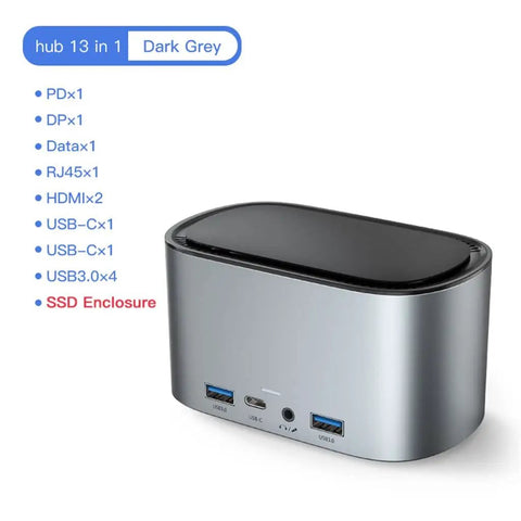 Solid Game Changer 13 In 1 Usb C Docking Hub For Laptops With 4K 60Hz Output RJ45 Gigabit Ethernet and Ngff SSD Slot in dark grey.
