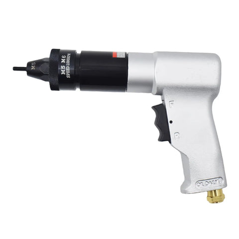 Pro Grade Pneumatic Rivet Nut Tool Kit With M5 And M6 Heads in silver and black with ergonomic grip