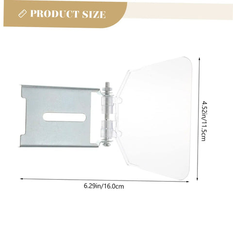 Clear Eye Protection Shield For Bench Grinder With Transparent Dust Guard Plate Durable Safety Shield Easy To Install Replacement Part For Grinding Machine Fits Most Table Grinders. Image shows the transparent shield and stainless steel mounting bracket with dimensions.
