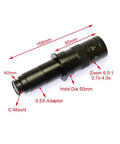 Top Shelf Black C Mount Monocular Microscope Camera Adapter Packing Ridiculously Clear Glass Optics And Smooth 180X Zoom Adjusting Wheel shown from the side with measurements.
