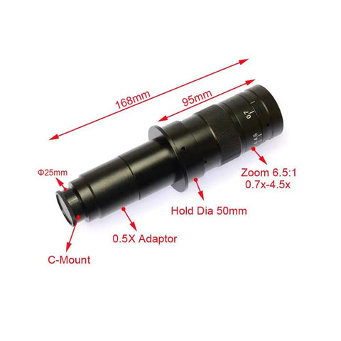 Top Shelf Black C Mount Monocular Microscope Camera Adapter Packing Ridiculously Clear Glass Optics And Smooth 180X Zoom Adjusting Wheel shown from the side with measurements.
