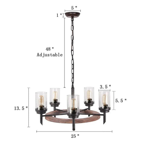 Wagon Wheel Chandelier Pendant Light With Metal Wood Frame Seeded Glass Shade Edison Vintage Ceiling Fixture Rustic Farmhouse Vibe 5 Lights