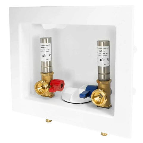 Washing Machine Outlet Box With Center Drain And Stainless Water Hammer Arrestor, 1/2 Inch Push-Fit Inlet To 3/4 Inch MHT Outlet