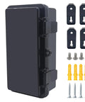 IP67 Waterproof ABS Junction Box With Hinged Black Cover And Mounting Plate Wall Mount Electrical Enclosure For Arduino Projects And Power Supplies Weatherproof Outdoor Project Box 7.9 By 3.9 By 2.8 Inches Built To Last side view with mounting screws and anchors