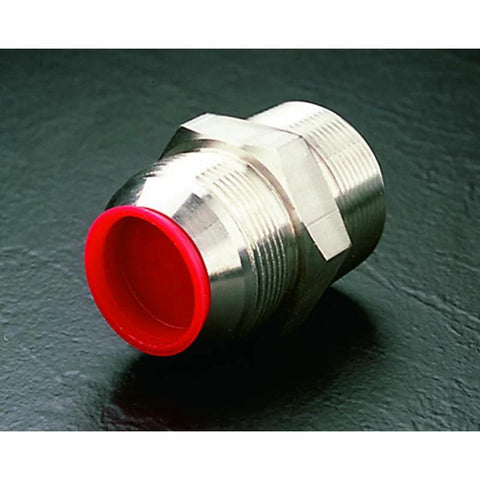 Caplugs T-4 T Series cap/plug with red inner lip and threaded metal body (angled view)