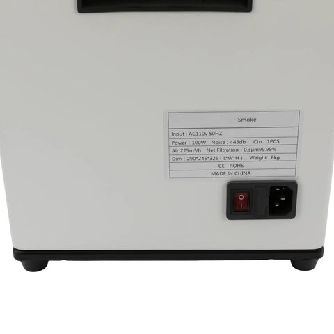 Back view of Heavy Duty Pro Grade Solder Smoke Fume Extractor with 100W Power Three Stage Filtration showing specifications label.