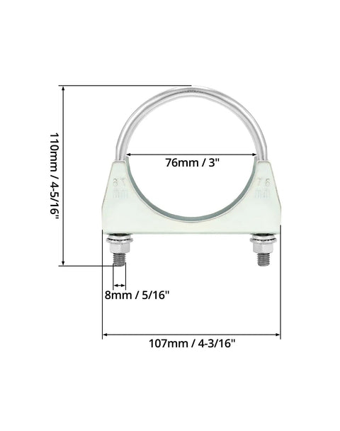 U Bolt Muffler Tip Exhaust Hook Set For DIYers, 3 Inch dimensions, galvanized steel clamp front view