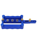 Adjustable Dowel Jig Kit Featuring Self Centering Guide For Dead Straight Drill Lines, blue aluminum tool with guide sleeves.