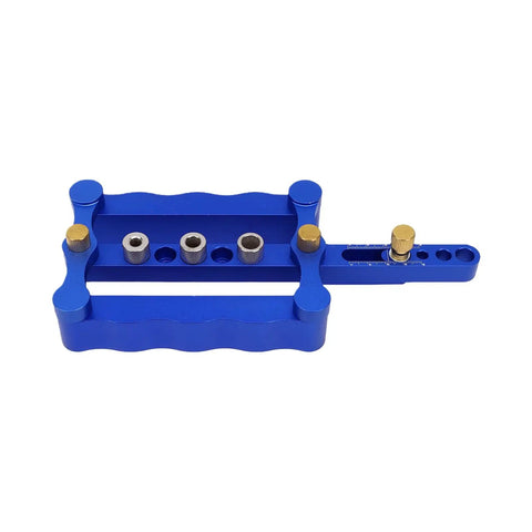 Adjustable Dowel Jig Kit Featuring Self Centering Guide For Dead Straight Drill Lines, blue aluminum tool with guide sleeves.