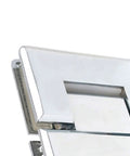 Close-up of heavy duty shower glass door hinge with stainless steel clamp hasps, 180 degree pivot, wall mounted