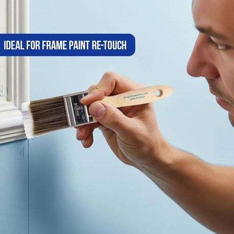 Person using a 1 inch flat brush from Must-Have 5 Piece Paint Brush Set With 1 Inch Flat, 1.5 Inch Angle, 2 Inch Flat, 2 Inch Angle Stubby, And 2.5 Inch Angle Brushes For Walls, Trim, Cabinets; Great For Latex, Oil, And Stains On Interior And Exterior Projects to paint trim
