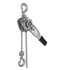 Heavy Duty 304 Stainless Steel Manual Chain Hoist for Lifting Loads Up To 5 Tons with reversing wrench design and hooks.