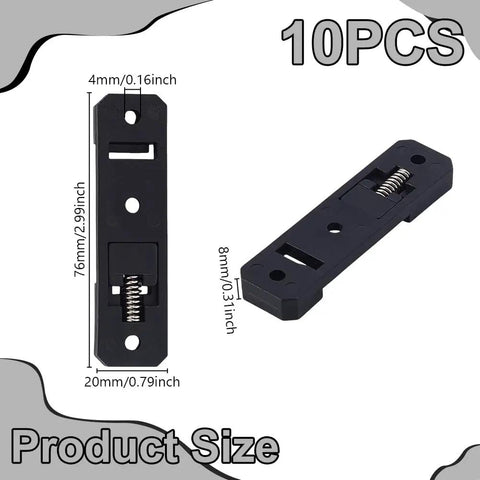 10 Pack DIN Rail Mounting Brackets 76x20x8mm Rectangle Universal Nylon Supports, black, front and side views with dimensions.