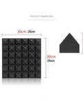 Top Shelf 12 Pack Pyramid Acoustic Foam Wall Panels For Home Studio Soundproofing And Podcast Booths With Heavy Duty High Density Noise Blocking And Flame Safe Construction, shown in dimensions 30cm x 25cm and a triangular panel 5cm high.