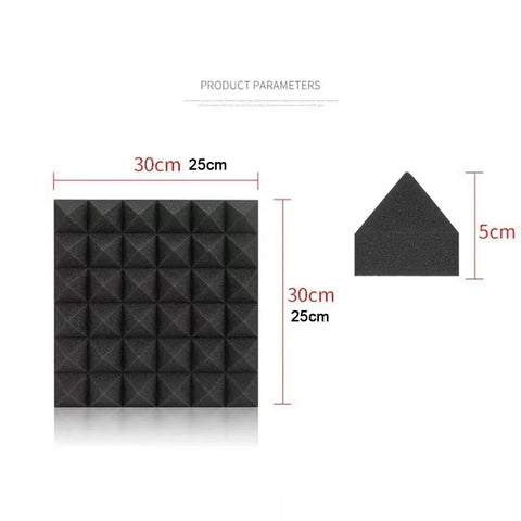 Top Shelf 12 Pack Pyramid Acoustic Foam Wall Panels For Home Studio Soundproofing And Podcast Booths With Heavy Duty High Density Noise Blocking And Flame Safe Construction, shown in dimensions 30cm x 25cm and a triangular panel 5cm high.