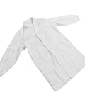White Long Sleeve Lab Coat For Healthcare Pros And Students Breathable Polyester Cotton Workwear With Durable Design Elastic Cuffs Comfortable Fit For Doctors Nurses And Lab Techs displayed flat on surface