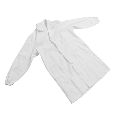 White Long Sleeve Lab Coat For Healthcare Pros And Students Breathable Polyester Cotton Workwear With Durable Design Elastic Cuffs Comfortable Fit For Doctors Nurses And Lab Techs displayed flat on surface