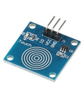 Front view of a TTP223B capacitive touch sensor module, blue PCB with touch input, for Arduino projects, 10 Pack Capacitive Touch Sensor Modules TTP223B Digital Proximity Switches For Arduino Projects Jog Type, Low Power, 2 To 5.5V DC, Plug And Play Hookup, Battery Friendly, Ideal For DIY Electronics.