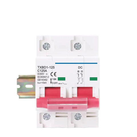 Front view of 2P DC Circuit Breaker for Solar PV Systems 12-600V 80A-125A C Curve 10kA Fault Rating 35mm DIN Rail Mini MCB