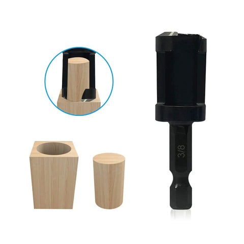 Close-up of 8 Piece Wood Plug Cutter Set with Four Straight and Four Tapered Cutters, Pro Grade Black Finish, showing cutter and wood plug.