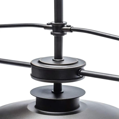 Close-up of Three Light Pendant In Oil Rubbed Bronze With Clear Glass Shades, showcasing the adjustable rod suspension detail.