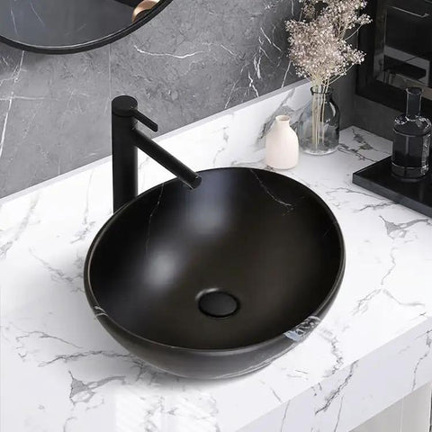 USZWBY Vessel Sinks Bathroom Vessel Sink Creative Balcony Art Wash Basin Ceramic Black Washbasin Vanity Bathroom Bowl Sink on marble countertop