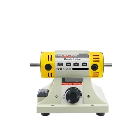 Aoxhugb 350W Lapidary Machine And Stone Polishing Bench Lathe For Grinding, Cutting, And Woodworking front view with yellow accents.