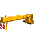 Heavy Hitter Telescoping Forklift Jib Boom Crane Attachment, yellow, with hooks for lifting, 3 ton capacity.