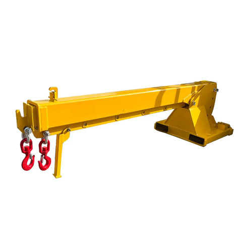 Heavy Hitter Telescoping Forklift Jib Boom Crane Attachment, yellow, with hooks for lifting, 3 ton capacity.