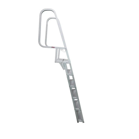 Deluxe Flip Up Dock Ladder 6 Step For Boats And Piers Marine Grade Aluminum With Stainless Hardware Folds Upright To Prevent Damage And Debris Wide Top And Steps For Easy Climbing, side view