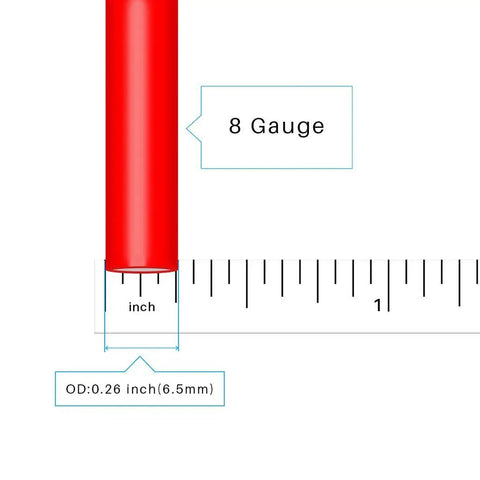 Red 8 Gauge Silicone Wire Set With 5 Ft Red And 5 Ft Black Flexible 8 AWG Stranded Tinned Copper Wire, shown with ruler for size reference.