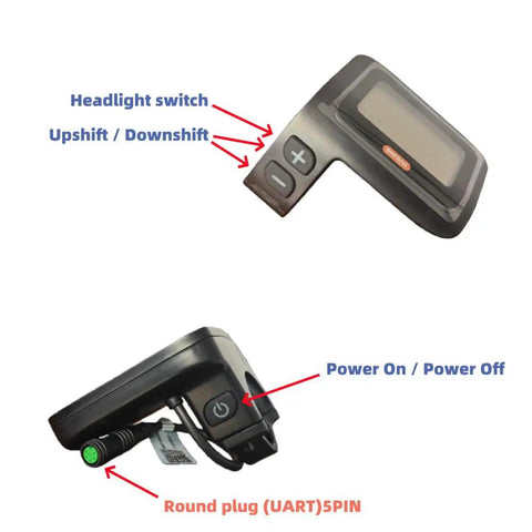 Electric Bike LCD Display Meter DPC11 with UART protocol showing buttons and 5-pin waterproof plug for mid motor ebikes.