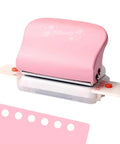 Pink adjustable 6 hole punch for diary planner and binder pages, 5.5mm round holes, 6-sheet capacity, A5 A6 A7 paper, with positioning mark.