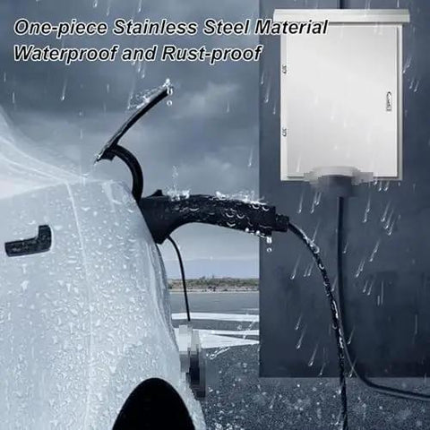 Heavy Duty Stainless Steel EV Charger Cover And Waterproof Lockable Outdoor Enclosure With Key Security Anti Theft Shield And Smart Heat Vent Design For Built Tough Zero Drama Protection, mounted on wall with EV charger.