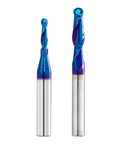 Two Piece Ball Nose End Mill Set For CNC Router Bits, Carbide With Nano Blue Coating, one with 1/8 inch cut, other with 1/4 inch cut