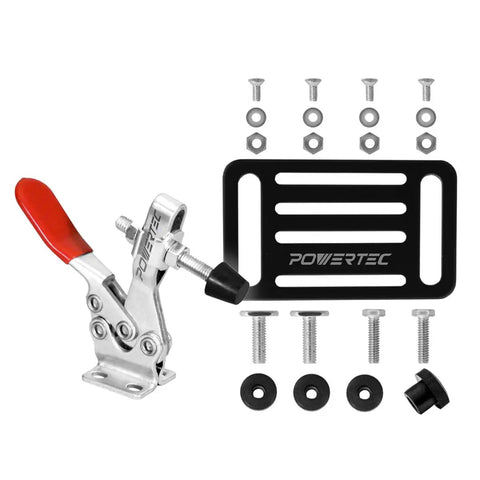 Beefy 225D Quick Release Toggle Clamp Set For T Track 500 Lb Holding Capacity With Mounting Plate and hardware visible
