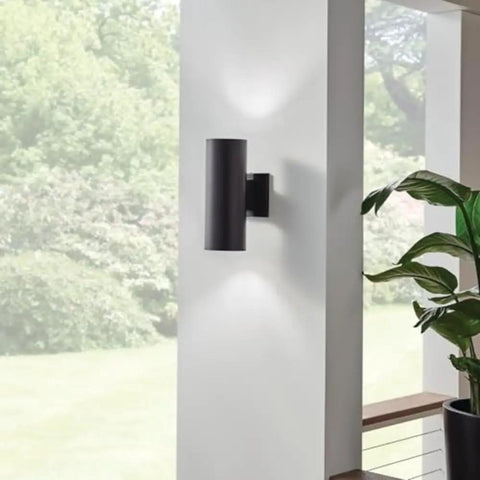 12 Inch Cylindrical Outdoor Wall Sconce In Black With Dual Up And Down Ambient Lighting, 2 Light Exterior Fixture on deck