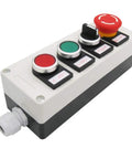 Red Mushroom Emergency Stop Push Button Switch, self-locking latching rotary, 3 positions, station box mount, no light function, heavy-duty for industrial control.