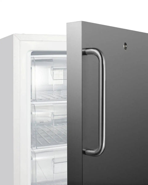 Real Deal Upright Commercial Freezer Built Like A Tank With Reliable Manual Defrost And Spacious 2.47 Cubic Feet Storage For Any Serious Kitchen Hustle In Sleek Stainless Steel Finish showing door handle and storage shelves.