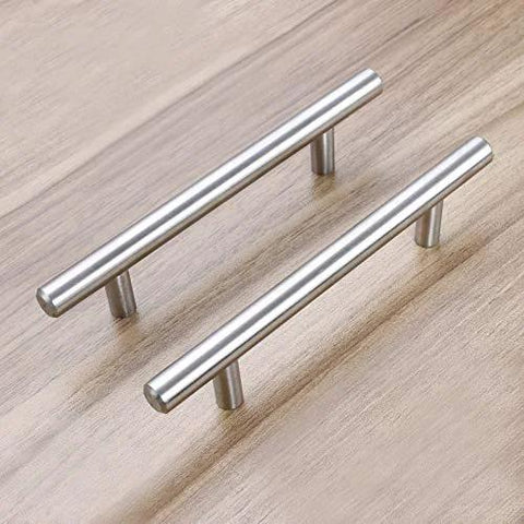 Stainless Steel Hollow Tube T Bar Cabinet Handles Pack Of 30 Brushed Nickel Finish on wooden surface