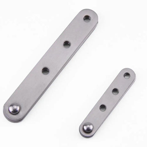 Massive 4 Piece Stainless Steel Concealed Door Pivot Hinges Packed With Smooth 360 Rotating Swivel Mechanisms Built Like A Tank For Rock Solid Cabinet And Shelving, close-up of two hinges.