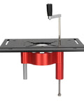 Router Table Insert Plate With Aluminum Mounting Base And Adjustable Lift Rings For Woodworking Setups, features red aluminum body.