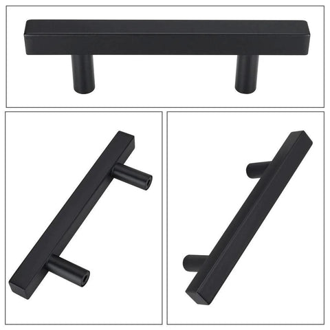 25 Pack 3 Inch Black Cabinet Pulls Stainless Steel Drawer Handles with mounting screws, shown in multiple angles.
