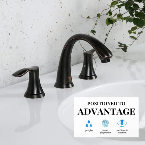 8 Inch Widespread Two Handle Bathroom Faucet In Oil Rubbed Bronze, Solid Brass Lavatory Faucet For 3 Hole Sinks, Lead Free With Pop Up Drain And Supply Line, Spot Free Finish, Easy Install With No Fuss, Built To Last Waterway KSB8232 on white sink with green plants in background