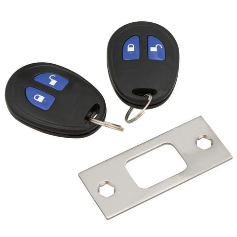 Refurbished Keyless Electronic Deadbolt With Remote For Home Security Single Cylinder Smart Door Lock Easy Install Dope Convenience Ready To Go Right Now showing remote controls and strike plate, stainless steel material.