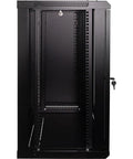 Front view of Heavy Duty 15U Wall Mount Server Rack Cabinet With Locking Glass Door 17.7 Deep 19 Inch IT Equipment Dual Cooling Fans Black