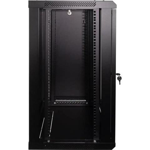Front view of Heavy Duty 15U Wall Mount Server Rack Cabinet With Locking Glass Door 17.7 Deep 19 Inch IT Equipment Dual Cooling Fans Black