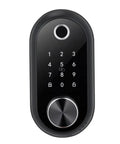 Slick Matte Black Fingerprint Door Lock Set With Tough Touchscreen Keypad, top view, keypad entry for keyless access.