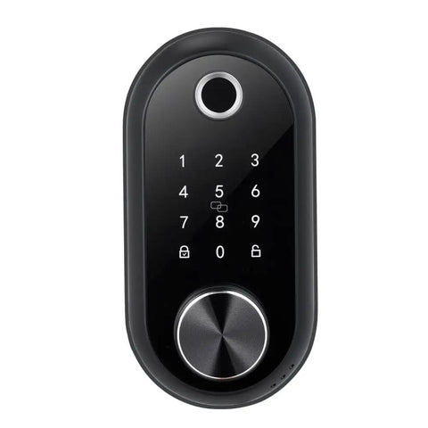 Slick Matte Black Fingerprint Door Lock Set With Tough Touchscreen Keypad, top view, keypad entry for keyless access.